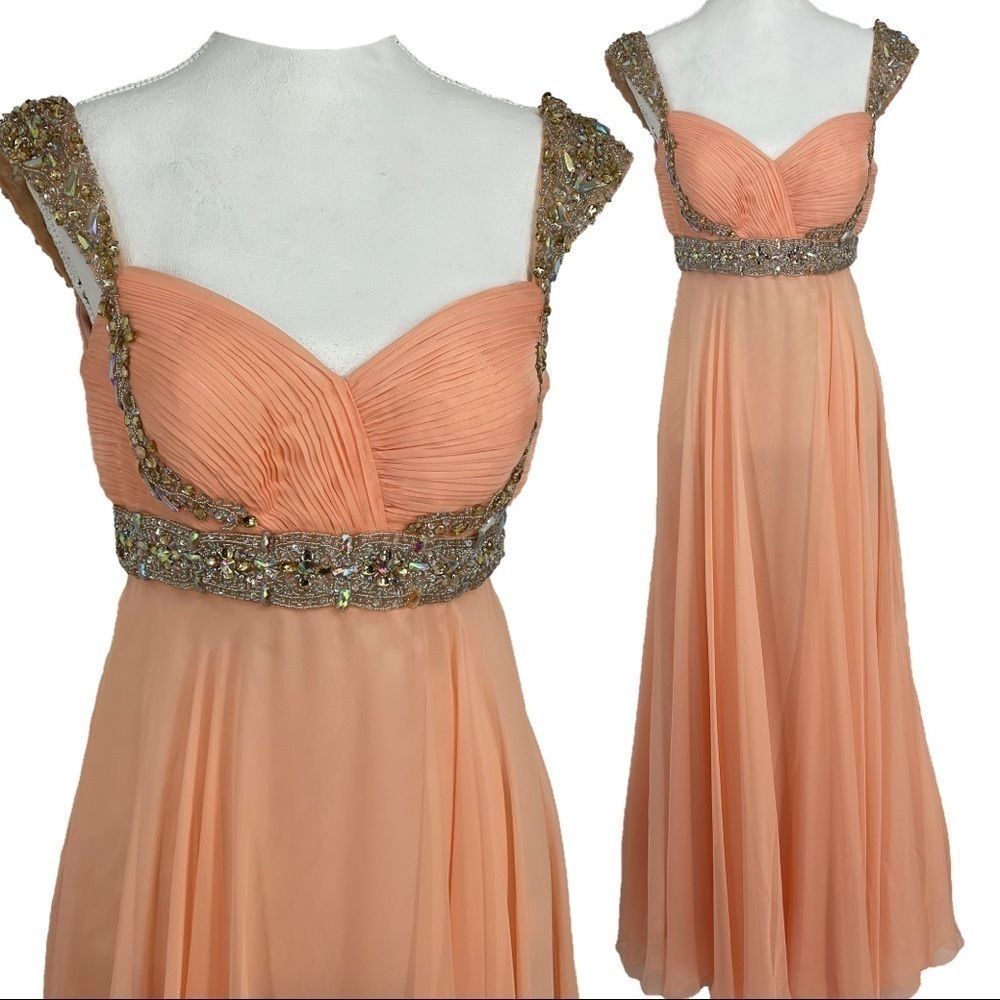 Dave & Johnny Peach Embellished Evening Gown – Size 8